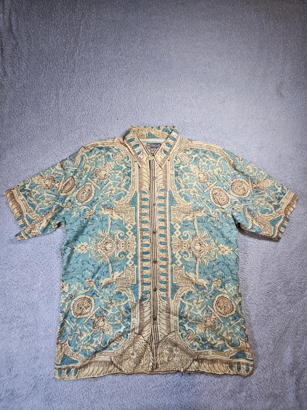 Vtg 90s Point Zero Concept Baroque Shirt M Greek Mythology Medallion Turquoise